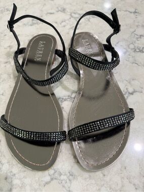 Lauren Ralph Lauren Black flat sandals with mirrored footbed Size 7B , NWOT